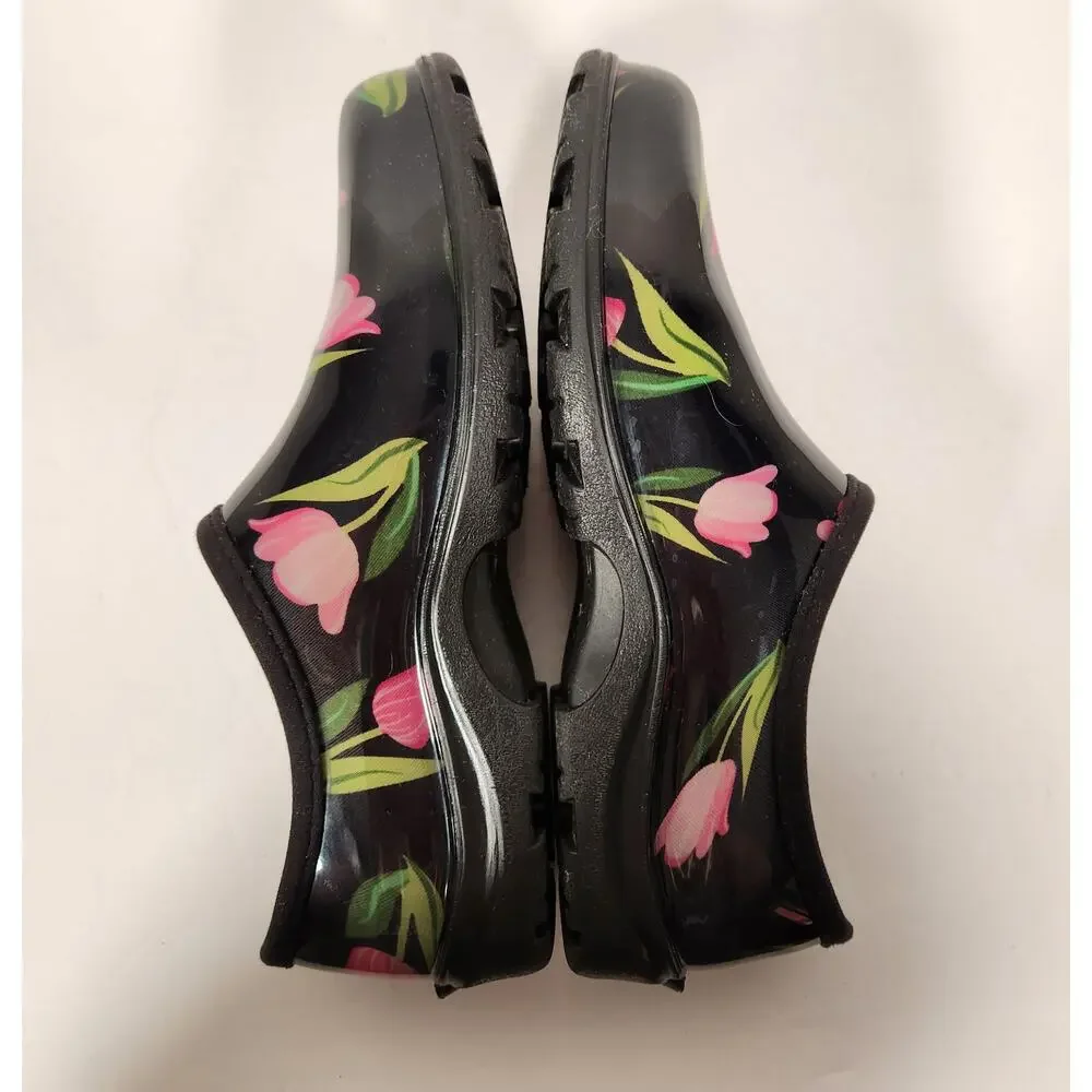 SLOGGERS Garden Shoes Women 10 Black Pink Floral Tulip Farm Cottagecore Country